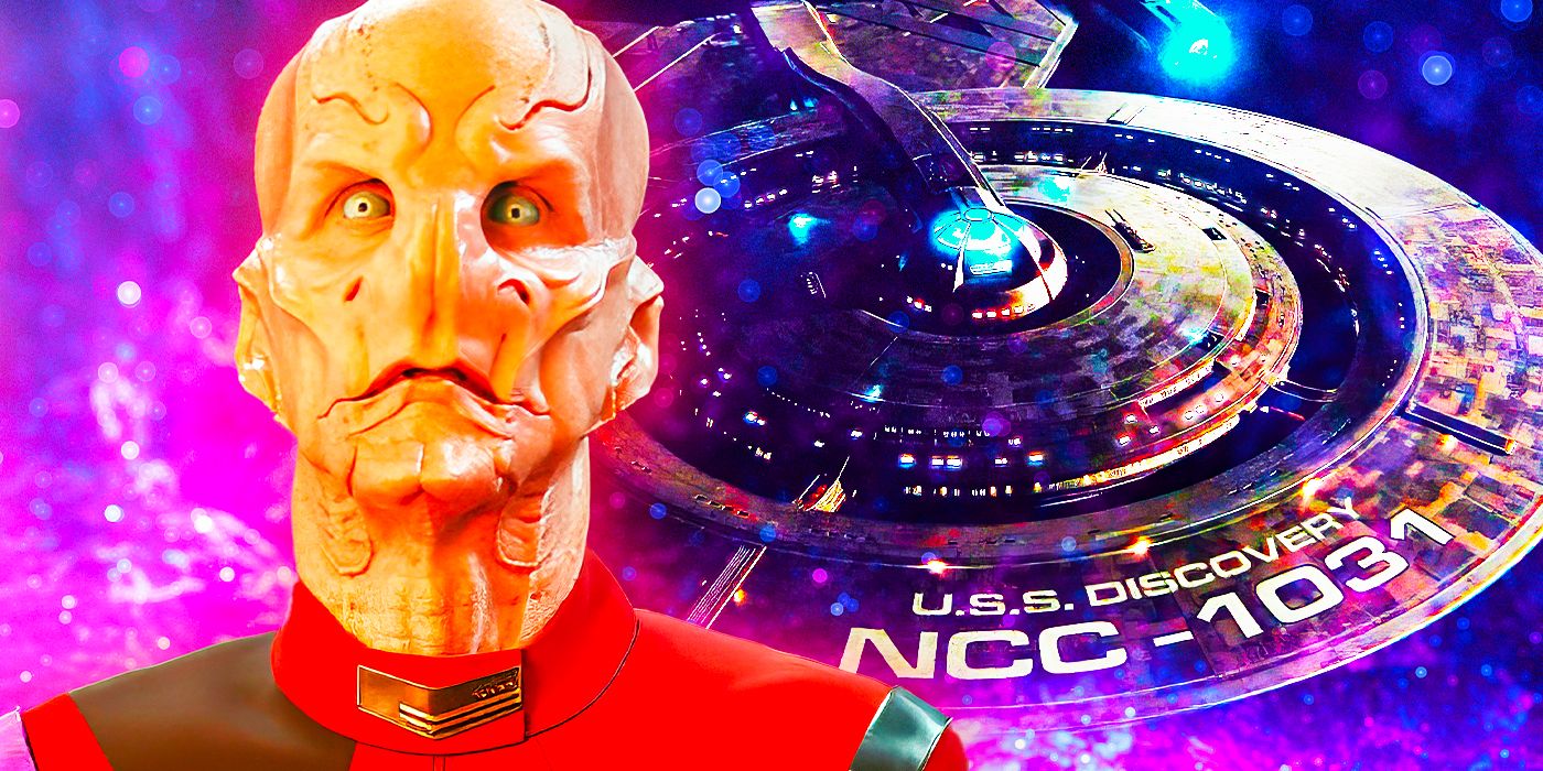 Doug Jones as Captain Saru in front of the USS Discovery in Star Trek: Discovery