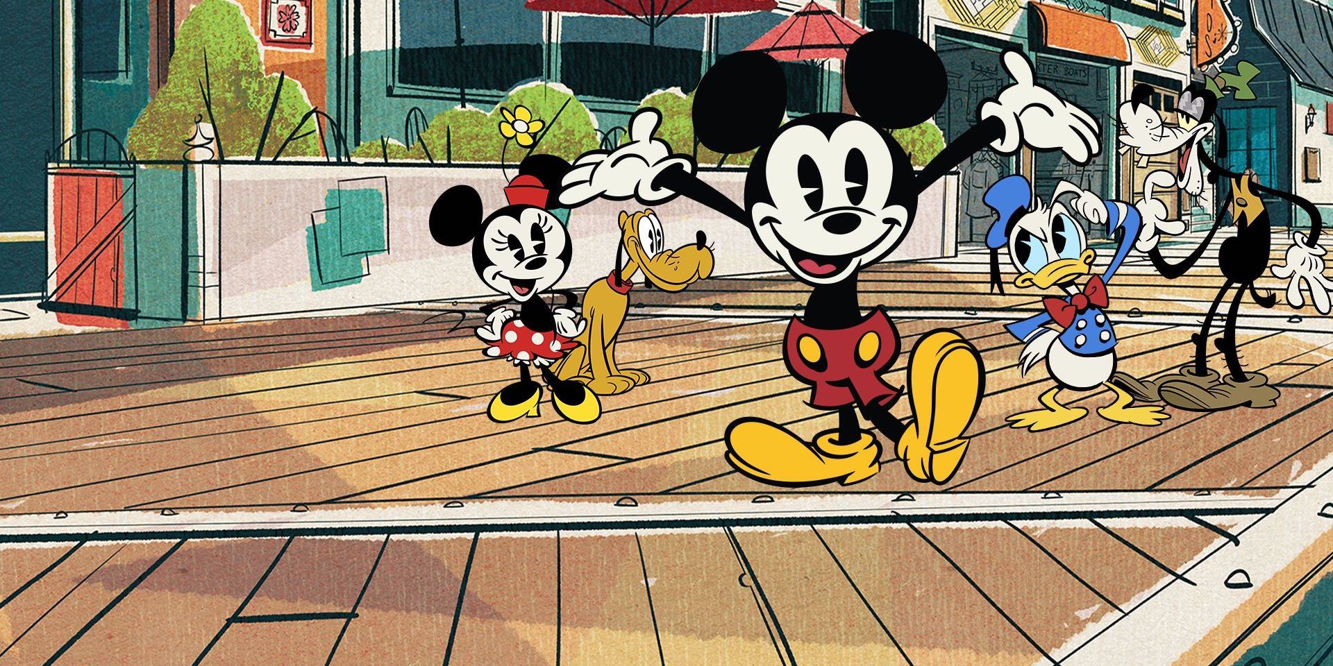 Mickey Mouse, Minnie Mouse, Donald Duck, Goofy, and Pluto walking on a boardwalk a Mickey Mouse short