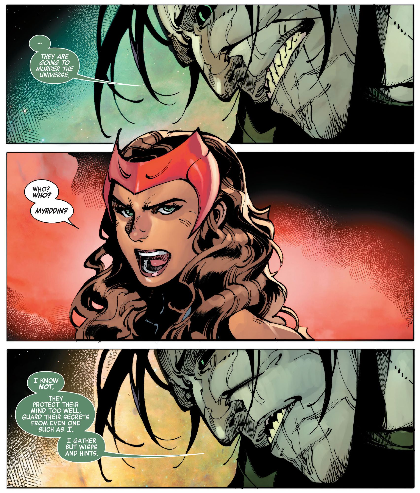 Comic book panels: Scarlet Witch and Nightmare discuss the coming threat. Wanda angrily demands information; Nightmare looks worn and haggard as he admits he hasn't been able to find much, but that 