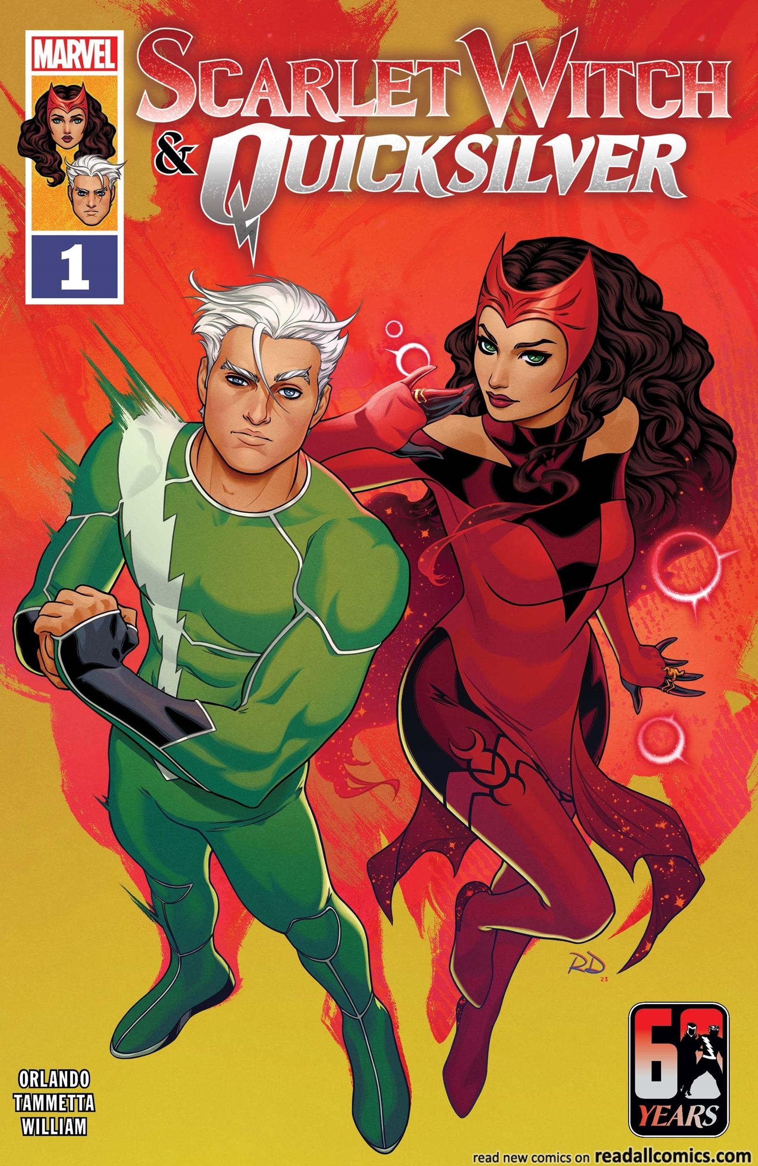 Scarlet Witch in costume and tiara stands beside Quicksilver in his new green suit design