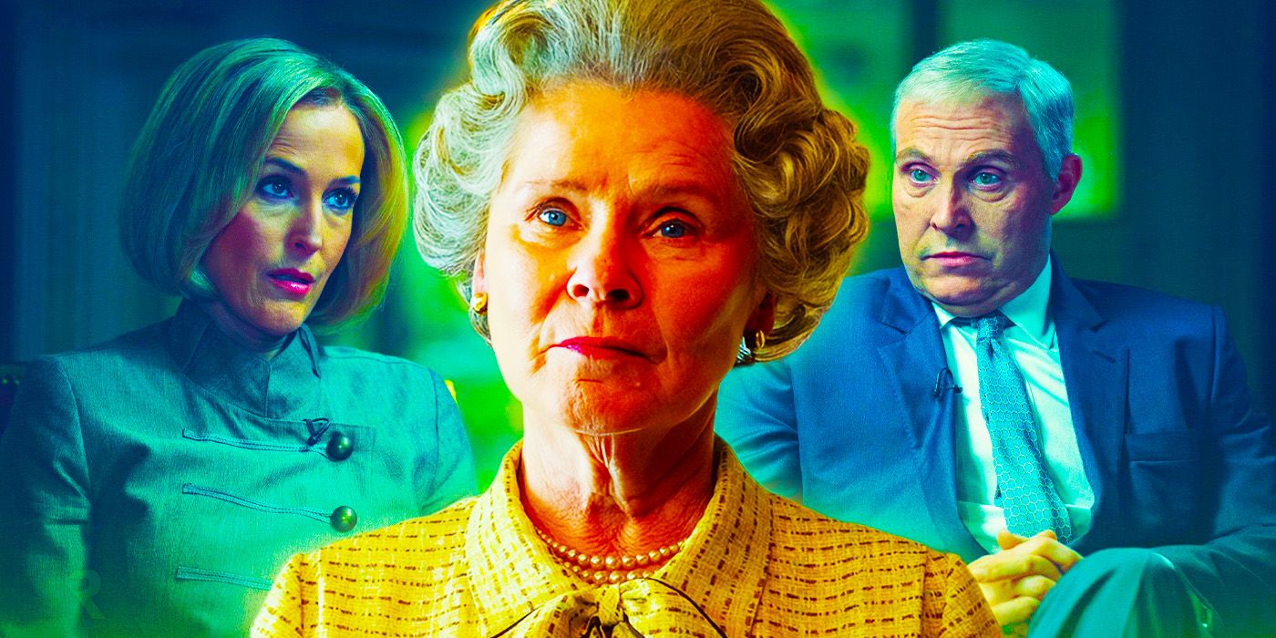 Imelda Staunton as Queen Elizabeth II in The Crown, and Gillian Anderson as Emily Maitlis and Rufus Sewell as Prince Andrew in Scoop.