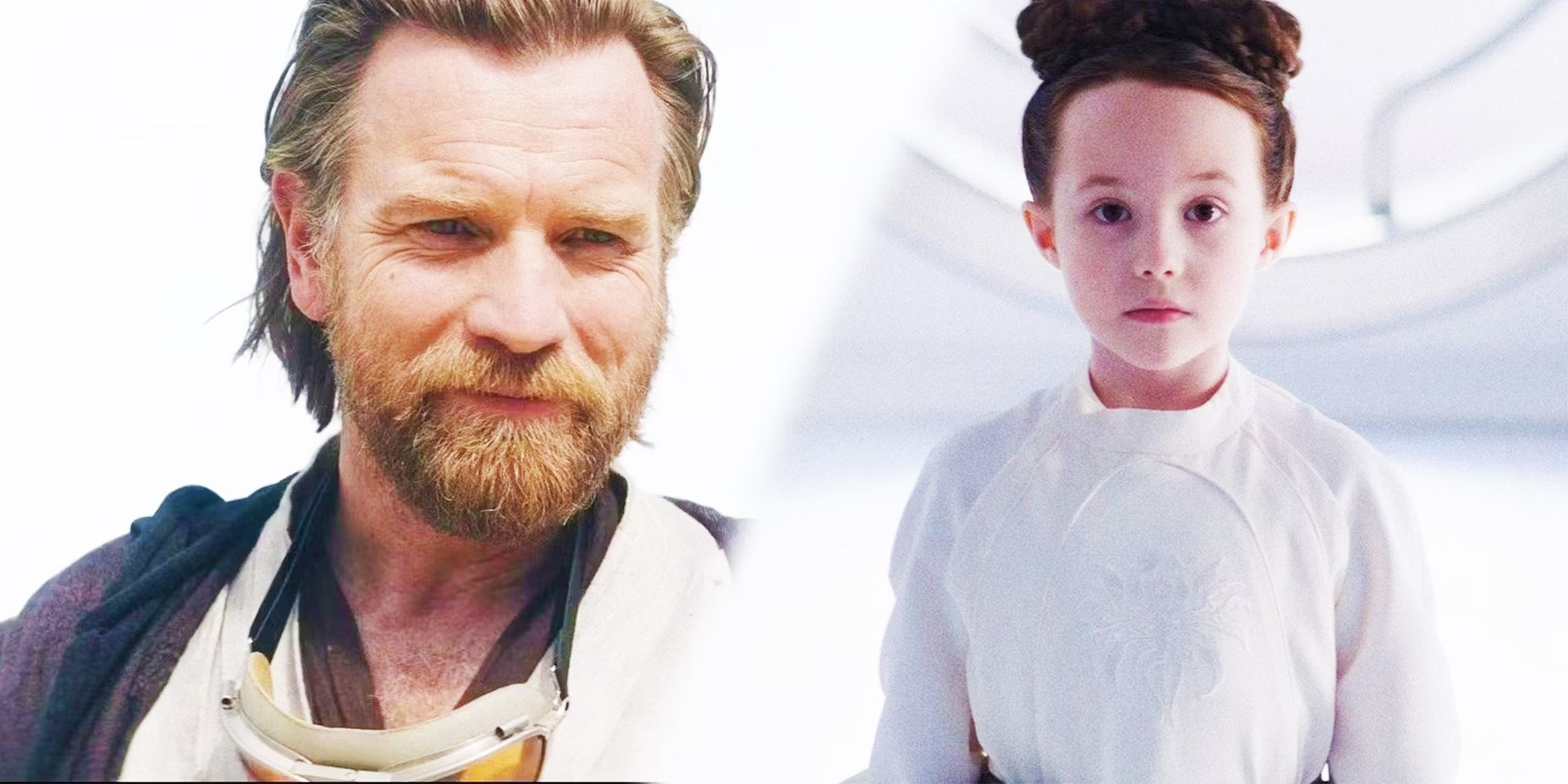 Ewan McGregor's Obi-Wan smiles, superimposed with Vivien Lyra Blair's Leia Organa looking serious