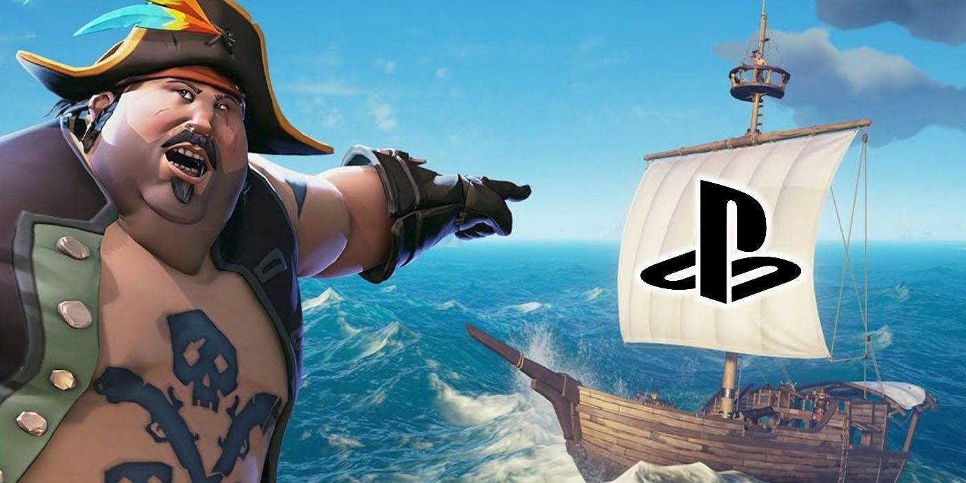A pirate points toward a sloop with the PlayStation logo on its sail in edited screenshots from Sea of Thieves.