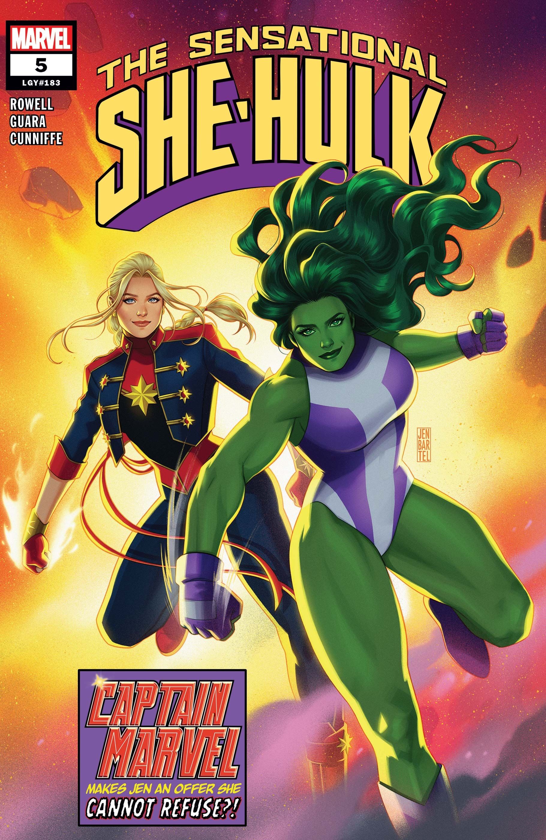 Captain Marvel and She-Hulk stand heroically before the reader, backlit by an explosion and rocky fragments of debris.