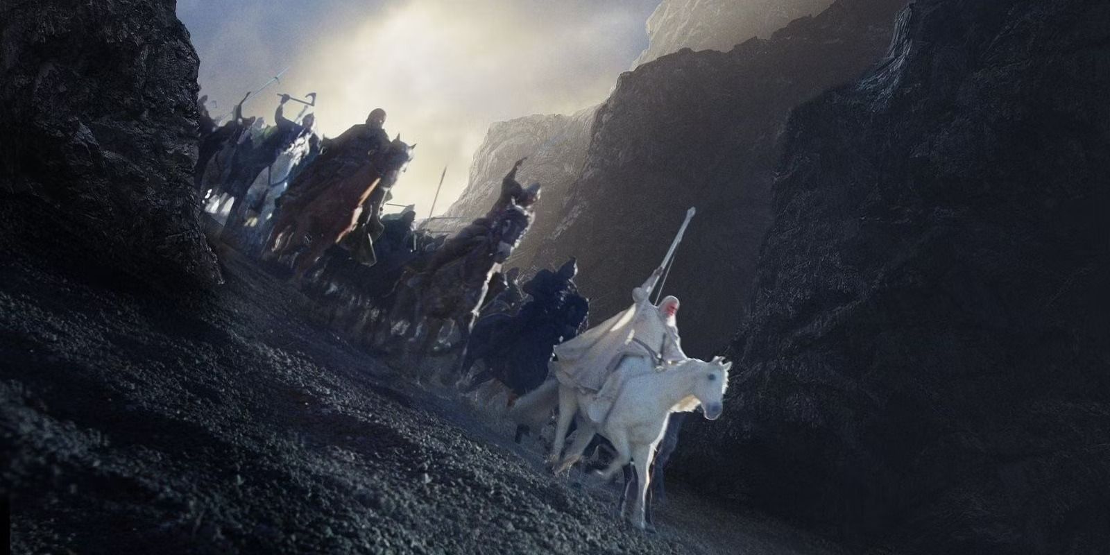 Gandalf rides Shadowfax alongside Rohirrim in Rohan in The Lord of the Rings.