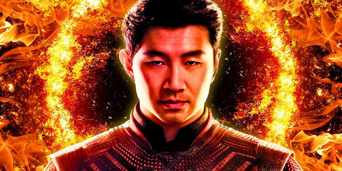 Simu Liu as Shang-Chi in front of a fiery background