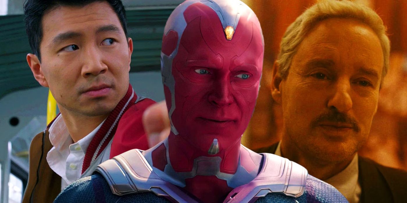Split image of Simu Liu's Shang-Chi, Paul Bettany's Vision, and Owen Wilson's Mobius all looking stoic