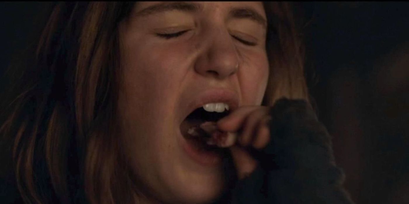 Shauna (Sophie Nélisse) eats an ear in Yellowjackets season 2 episode 1.