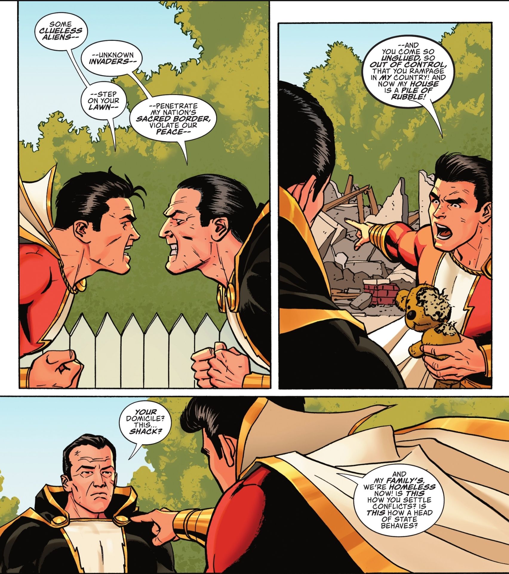 Shazam # 8, o capitão repreende furiosamente Black Adam por seu comportamento imprudente e impensado.