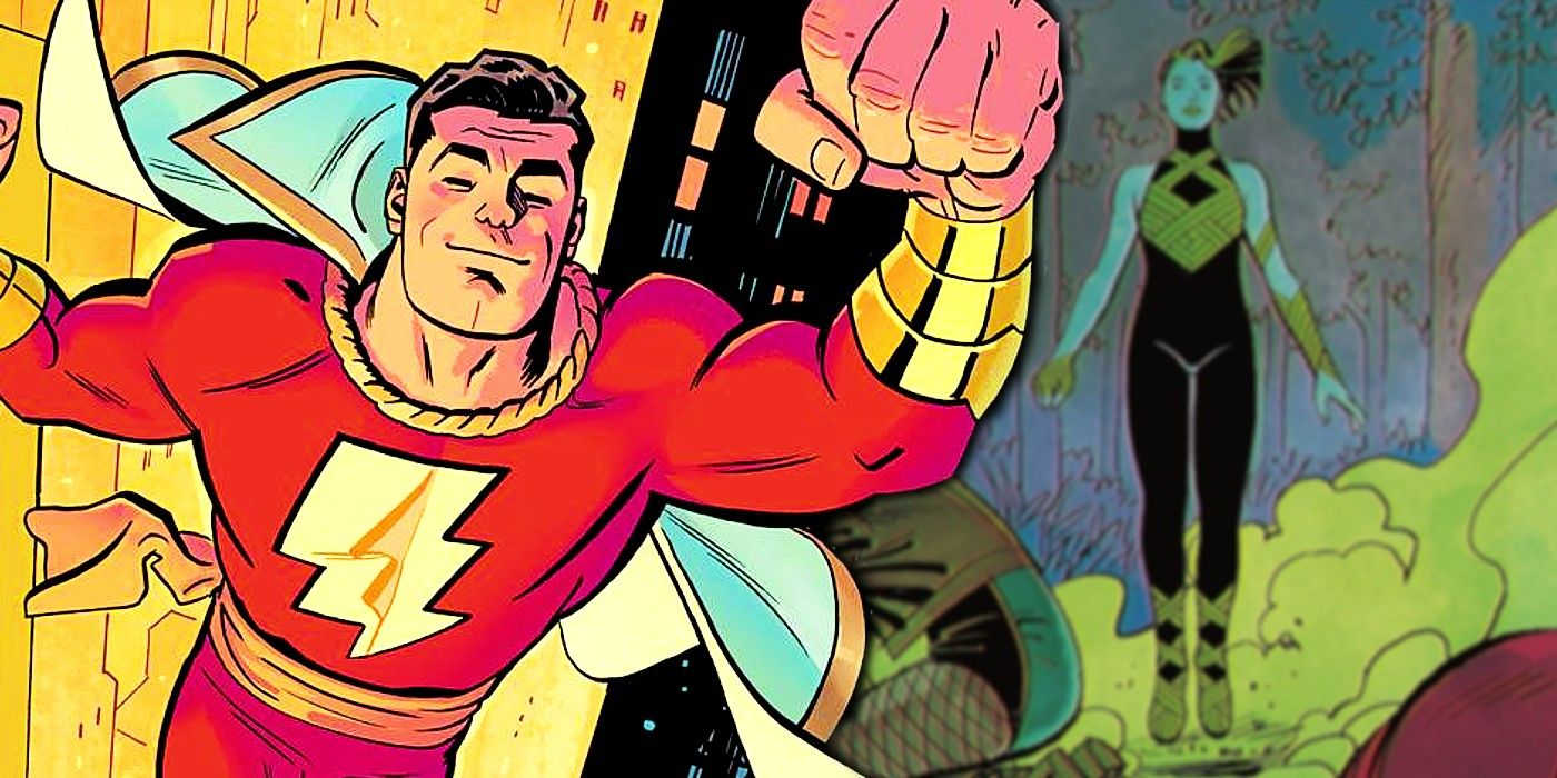 Comic book art: Shazam flies forward with a blurred image of Sin Lance in a black and green costume behind him.