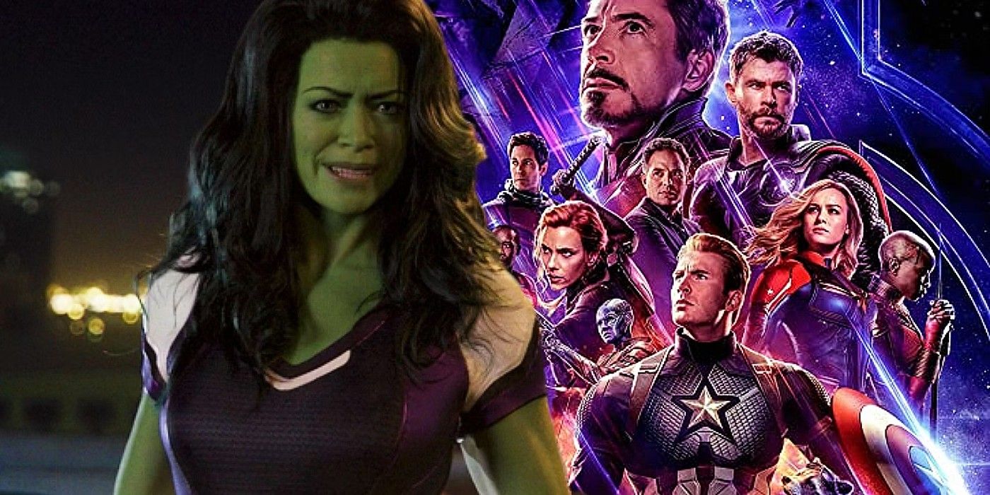 MCU She-Hulk (foreground) with the Avengers in the background