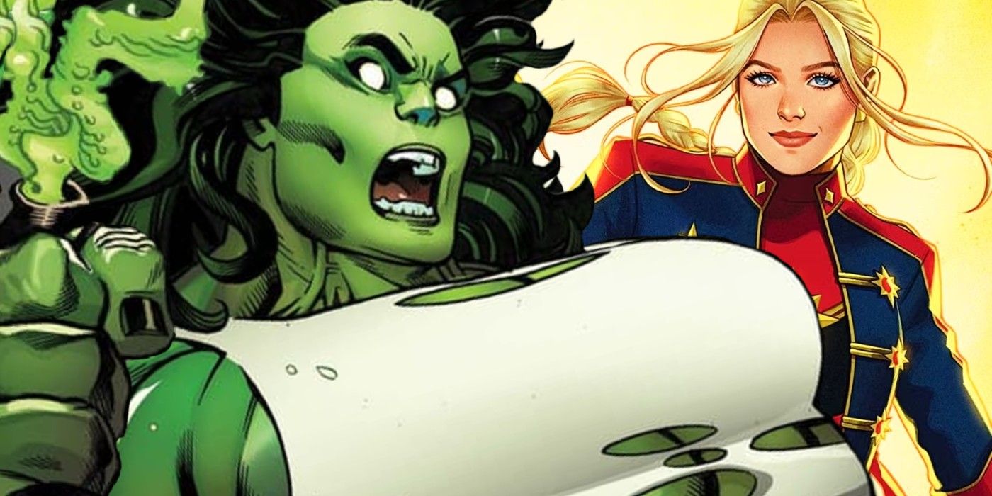 she-hulk tearing something disgusting to pieces while captain marvel remains beautific