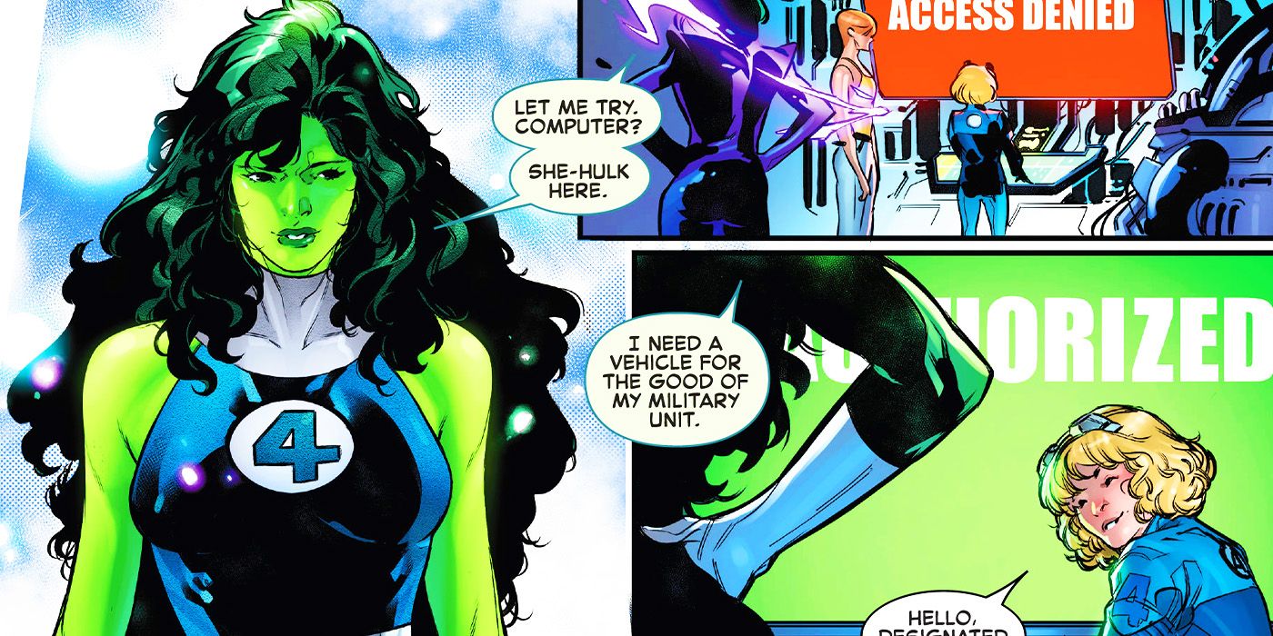 She-Hulk trabalhando com o Quarteto Fantástico na Marvel Comics