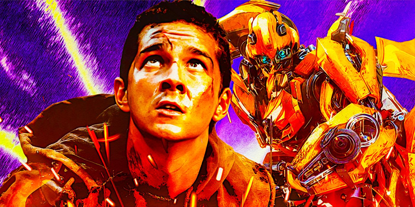 Shia LaBeouf as Sam Witwicky from Transformers next to Bumblebee from Transformers Rise of the Beasts-