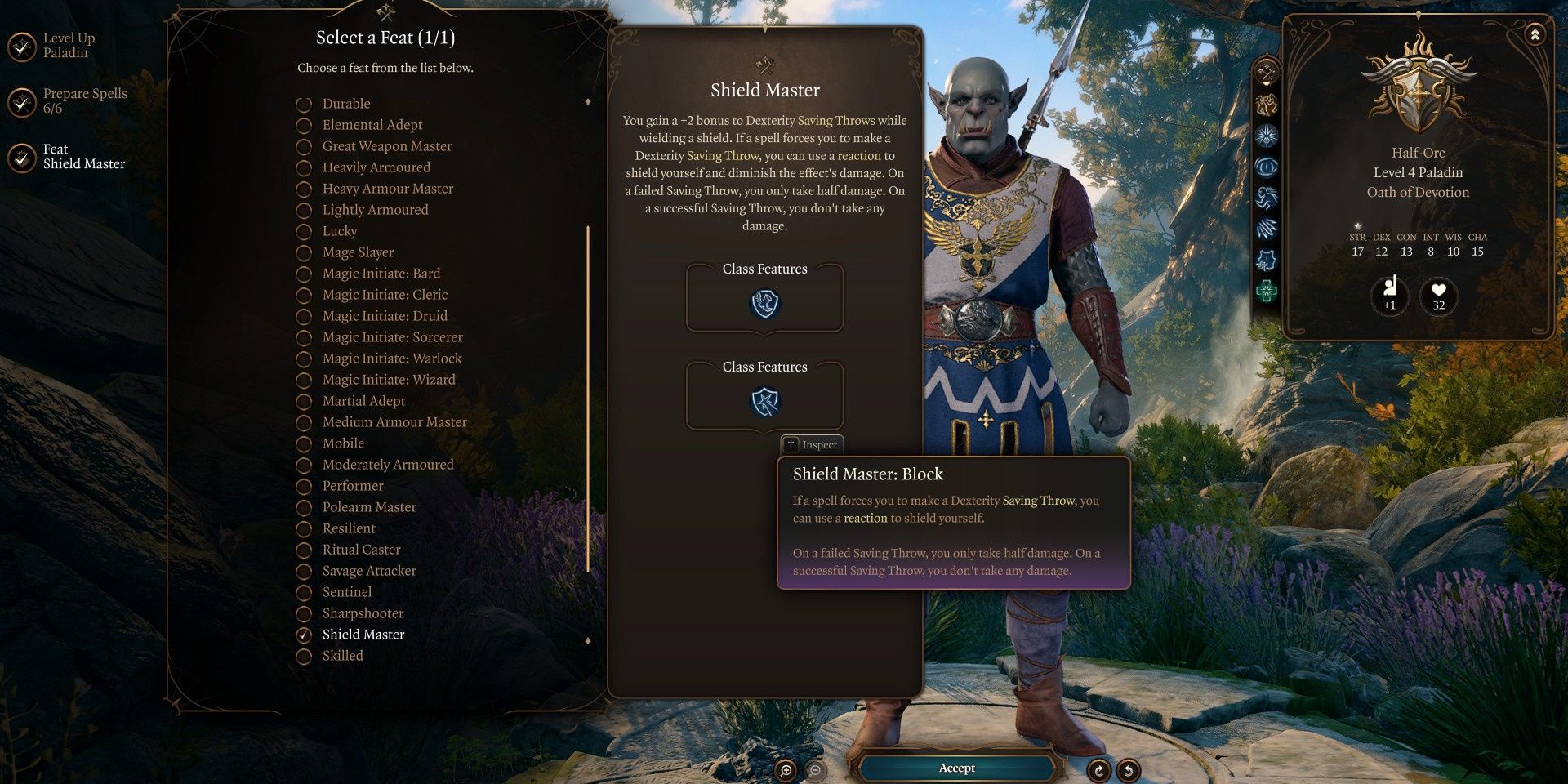 Shield Master Feat text displayed in level up area of Baldur's Gate 3