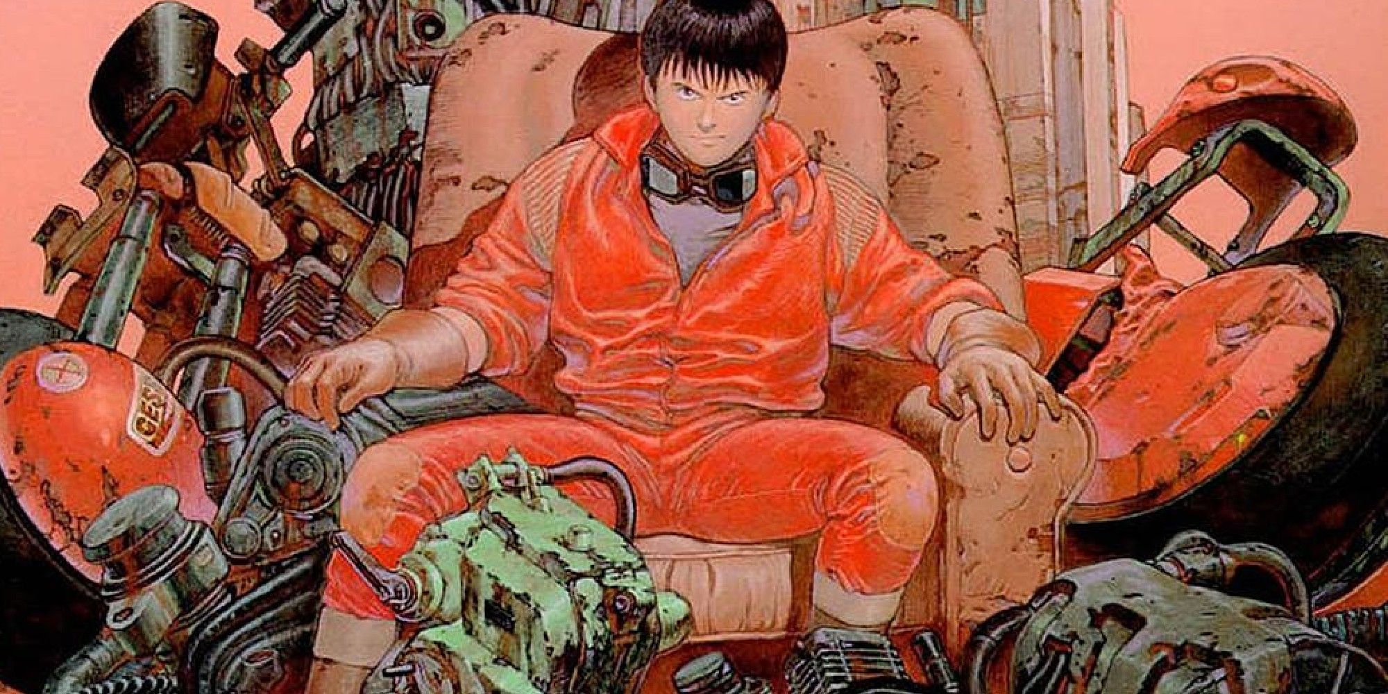 Shotaro Kaneda de Akira sentado em uma cadeira suja em um deserto pós-apocalíptico