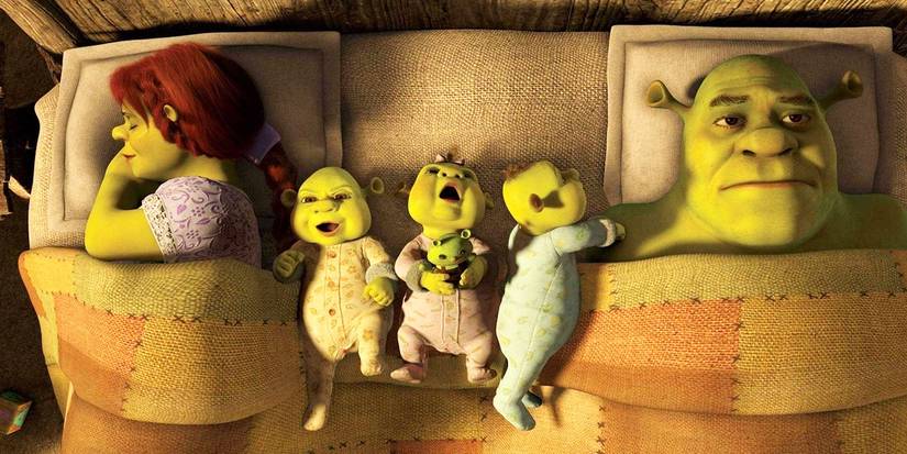 Shrek Forever After Fiona sleeping with the three babies and Shrek awake and annoyed