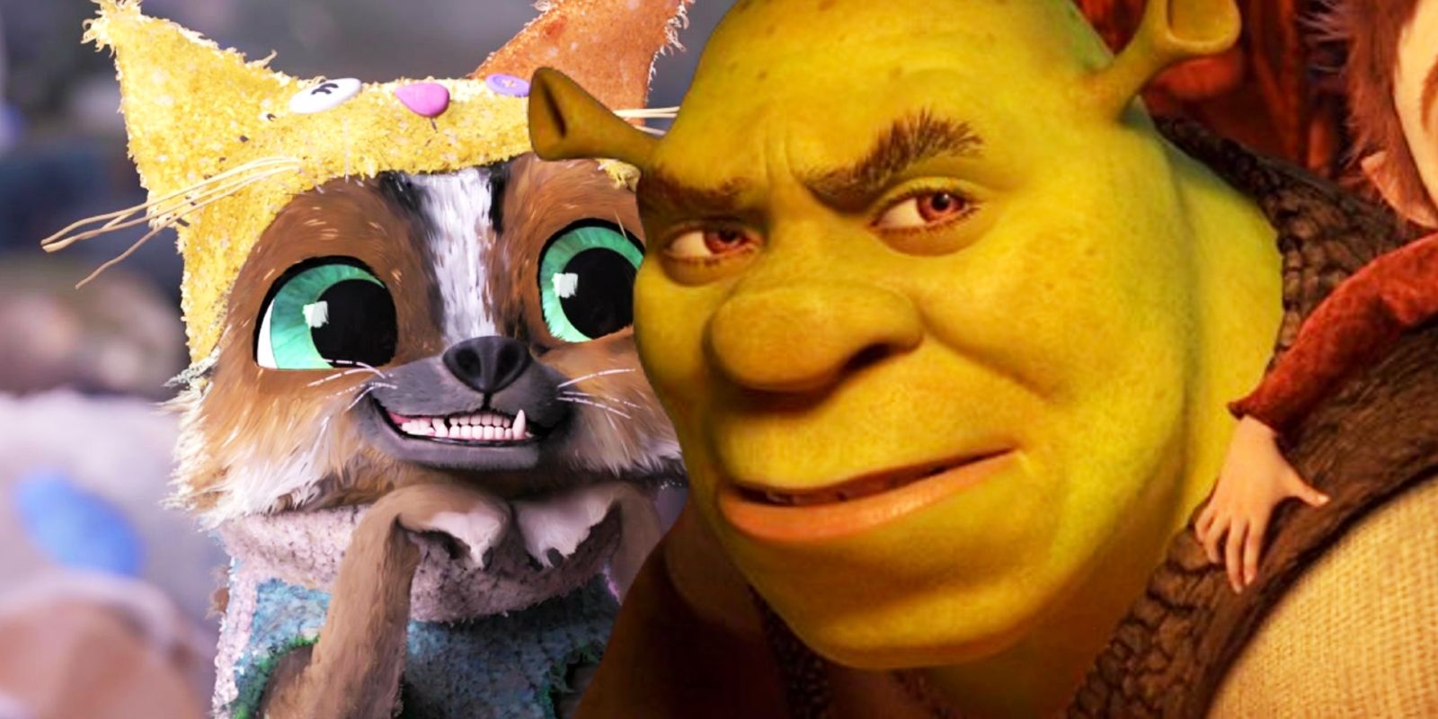 Shrek smiling juxtaposed with Perrito from Puss in Boots The Last Wish