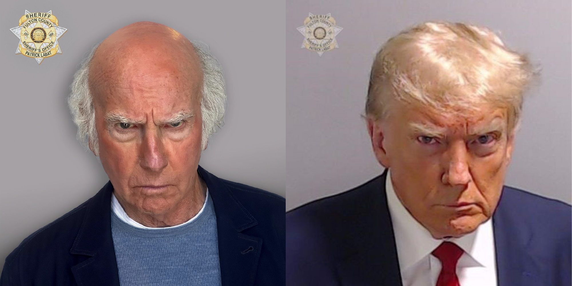 Side-by-side of Larry David’s mugshot in Curb Your Enthusiasm and Donald Trump’s mugshot
