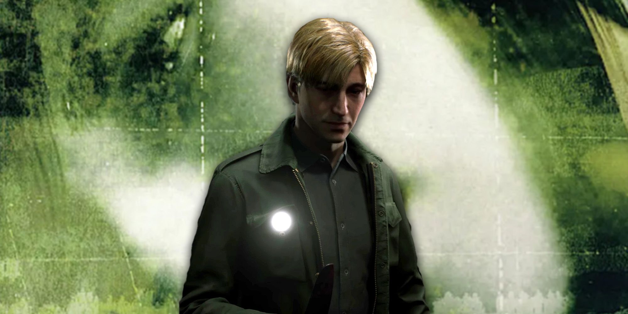 James Sunderland in the Silent Hill 2 Remake in front of the original game's cover.