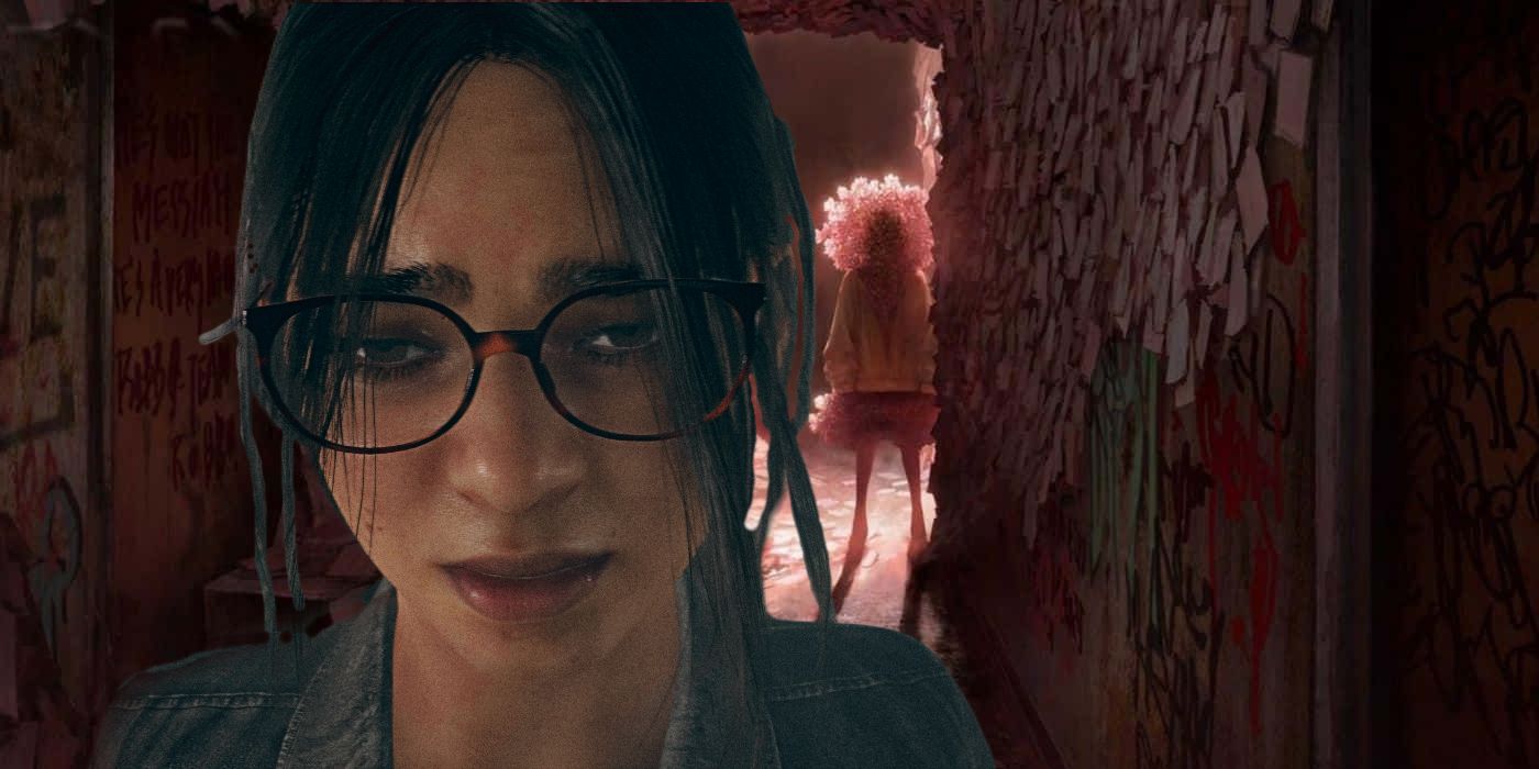 A despondent-looking Anita, with the cherry blossom monster over her shoulder in a screenshot from Silent Hill: The Short Message.