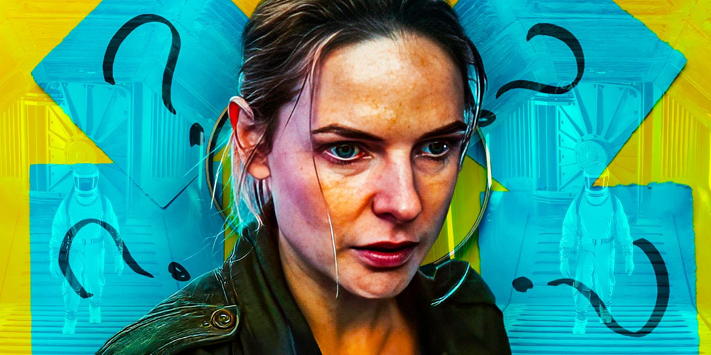 Uma imagem personalizada de Rebecca Ferguson como Juliette Nichols em Silo contra um cenário de pontos de interrogação