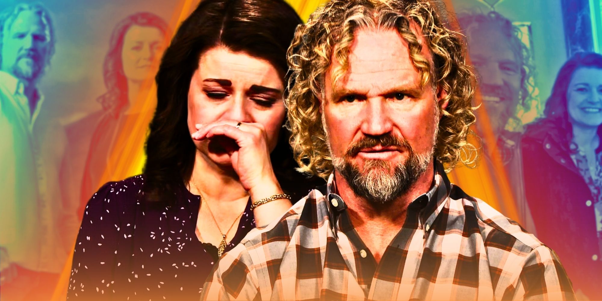 Montage of Sister Wives' Robyn and Kody Brown orange and green background kody in plaid shirt robyn sad