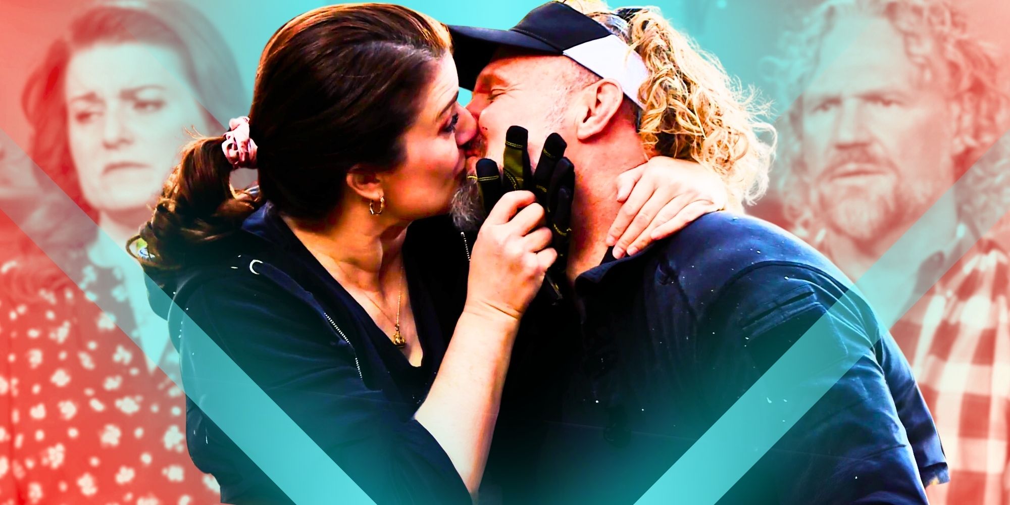 Sister Wives Robyn & Kody kissing with montage in background red and teal filtered background