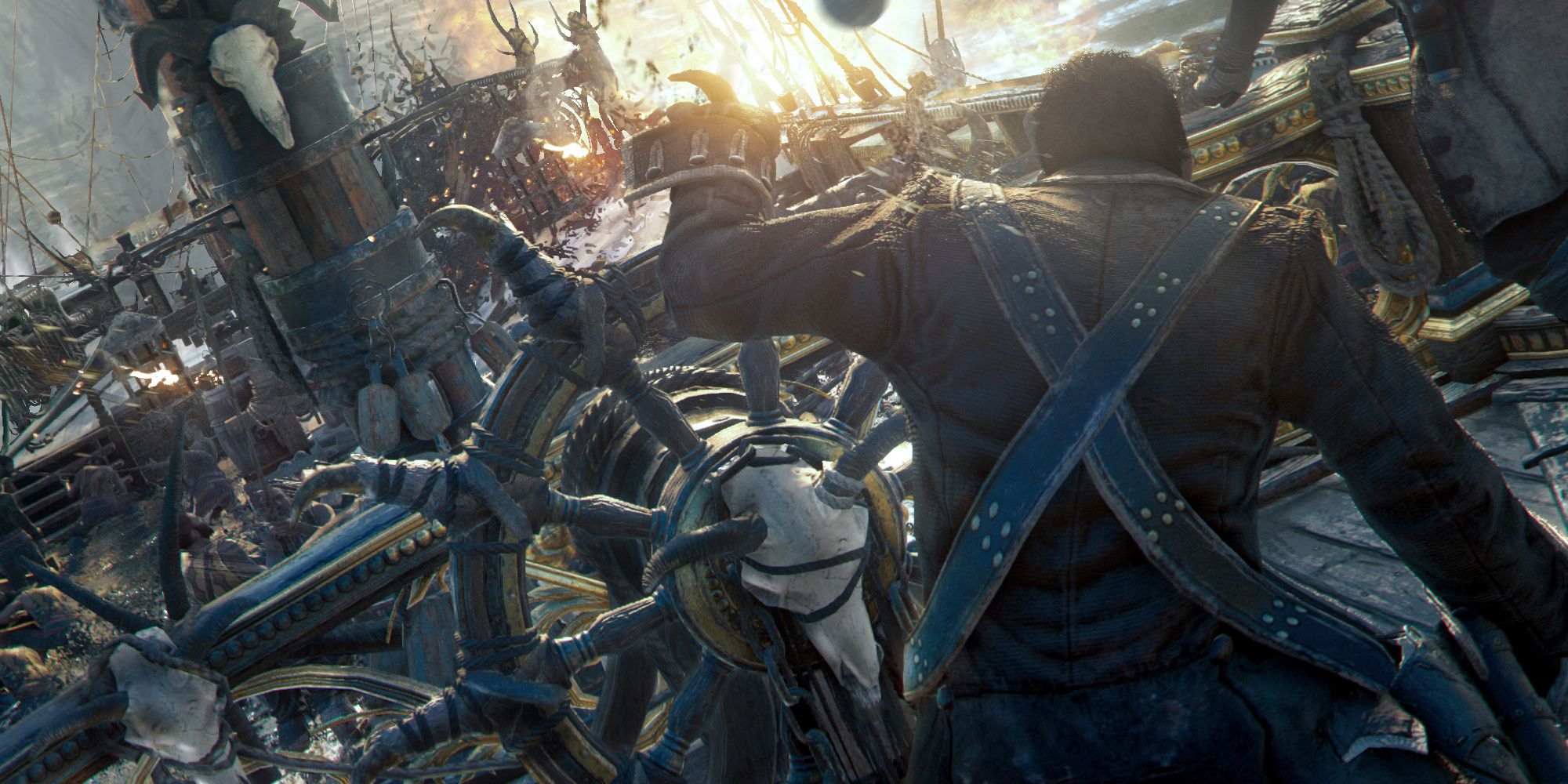 Um capitão dirige um navio em Skull and Bones.