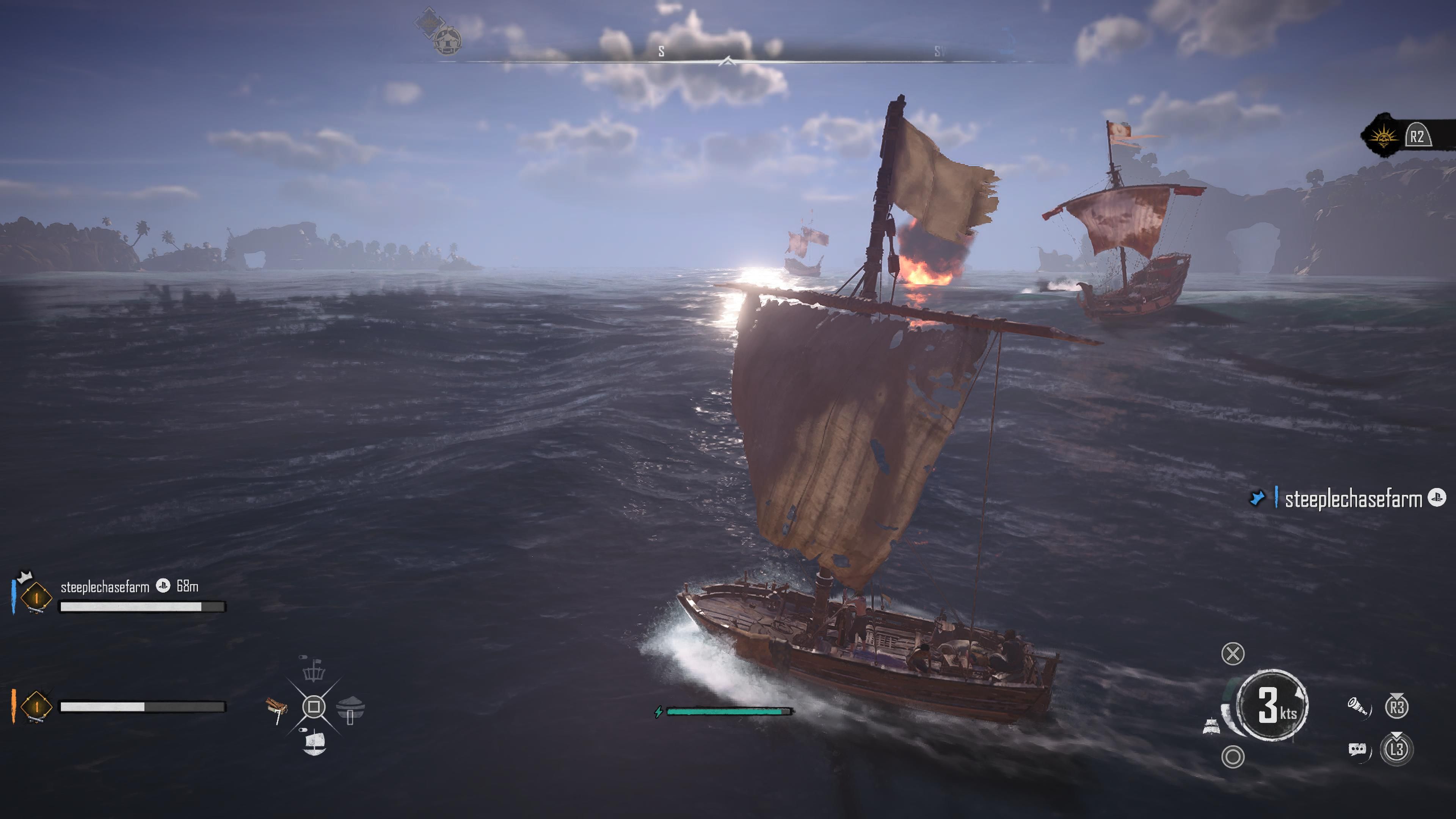 Uma visão de navegar em um dhow em águas abertas em Skull and Bones