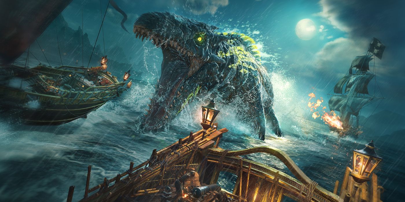 Um monstro marinho rugindo pelo oceano e atacando um navio em Skull and Bones