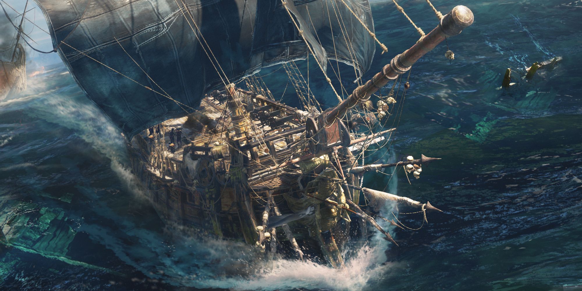 Um navio navega no oceano em Skull and Bones.