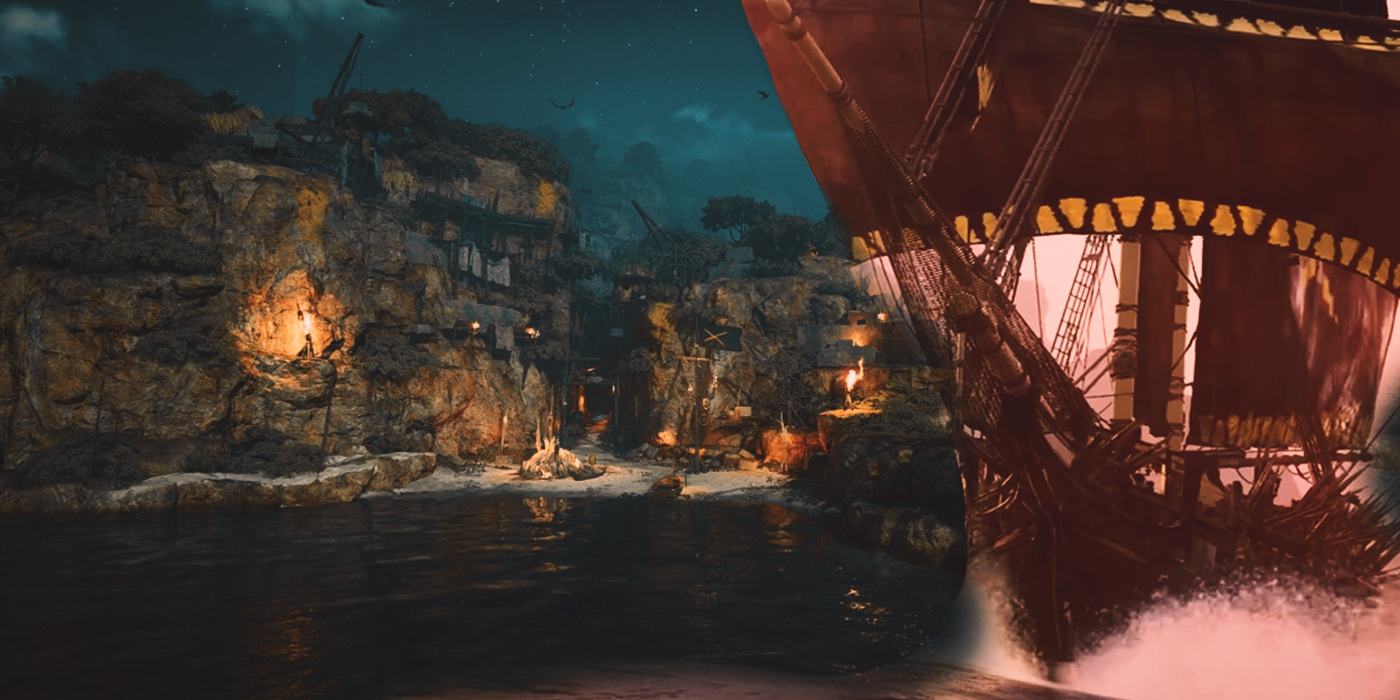 A player ship and the Sunken Goldmine outpost in Skull and Bones