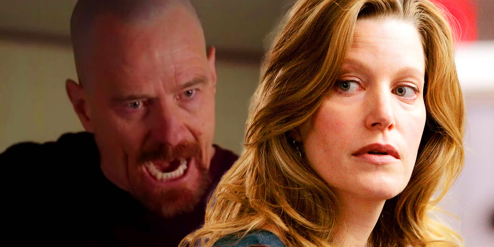 Collage of Walter White (Bryan Cranston) yelling and Skyler White (Anna Gunn) looking over her shoulderin Breaking Bad
