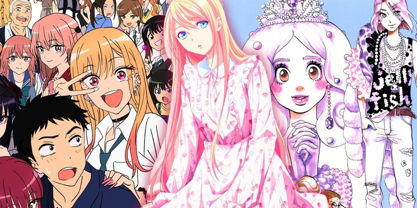 Smile Down the Runway's Chiyuki in the center, with the cast of My Dress-Up Darling on the left, and Princess Jellyfish on the right