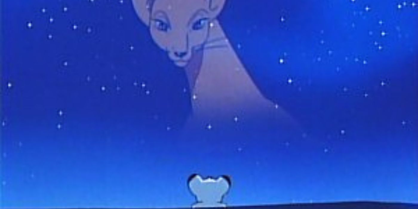 O espírito de Snowene no céu noturno olha para Kimba no deserto em Kimba, o Leão Branco.