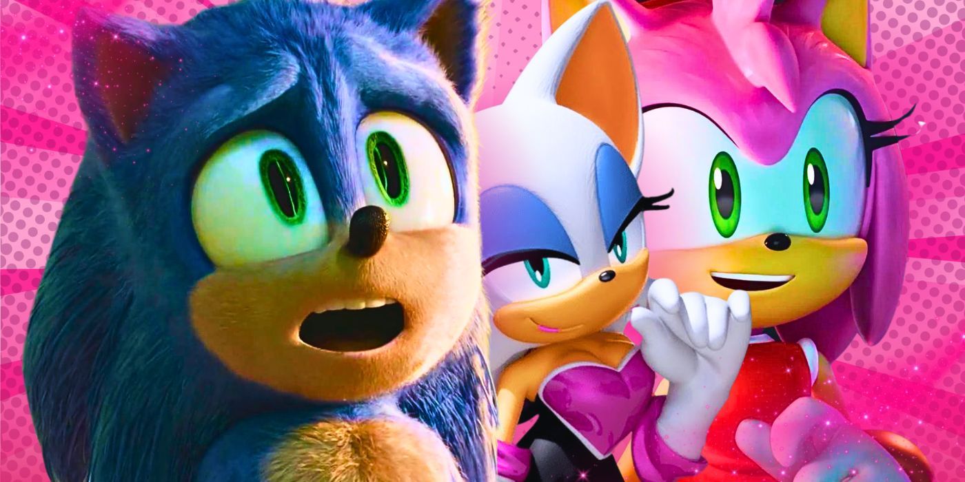 Esta colagem mostra Sonic parecendo chocado ao lado de Rouge the Bat e Amy Rose da franquia Sonic.