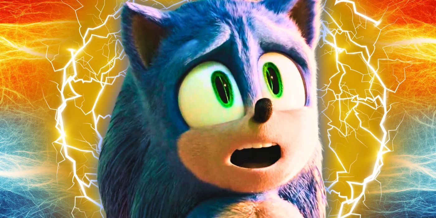 Sonic looking upset in Sonic the Hedgehog against a blue and yellow background with lightning