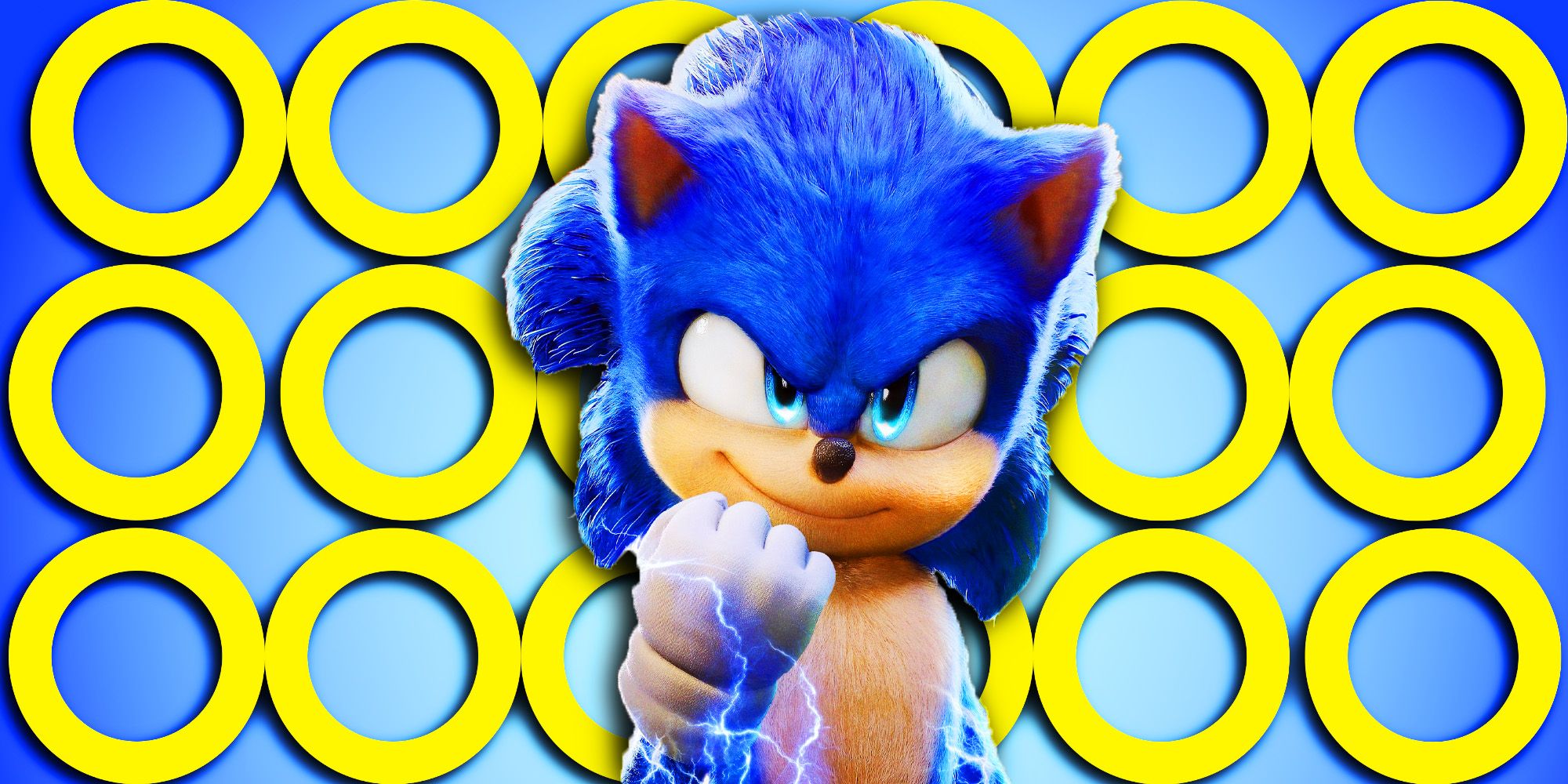 Sonic the Hedgehog smiling with energy coming from his hand with a golden rings backdrop