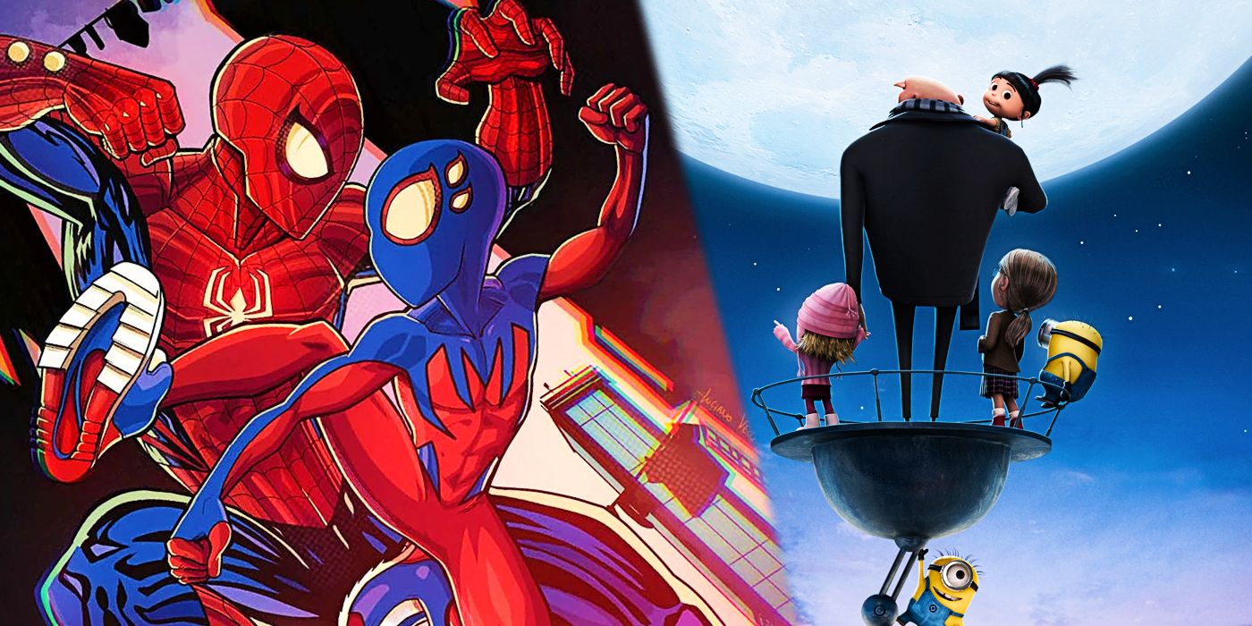 Left: Spider-Man and Spider-Boy web swing in tandem. On the right: The cast of Despicable me (Gru, Agnes, Margo, Edith, and Minions) stand on a platform gazing up at the moon.