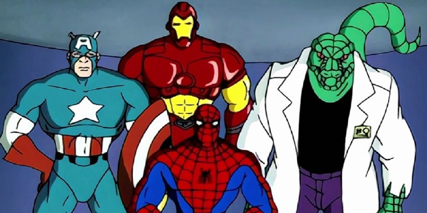 Captain America, Iron Man, Spider-Man, and Lizard standing together in Spider-Man: The Animated Series