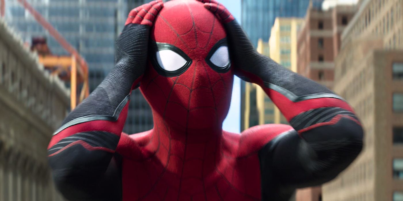Tom Holland as Spider-Man holding his head in Spider-Man: No Way Home