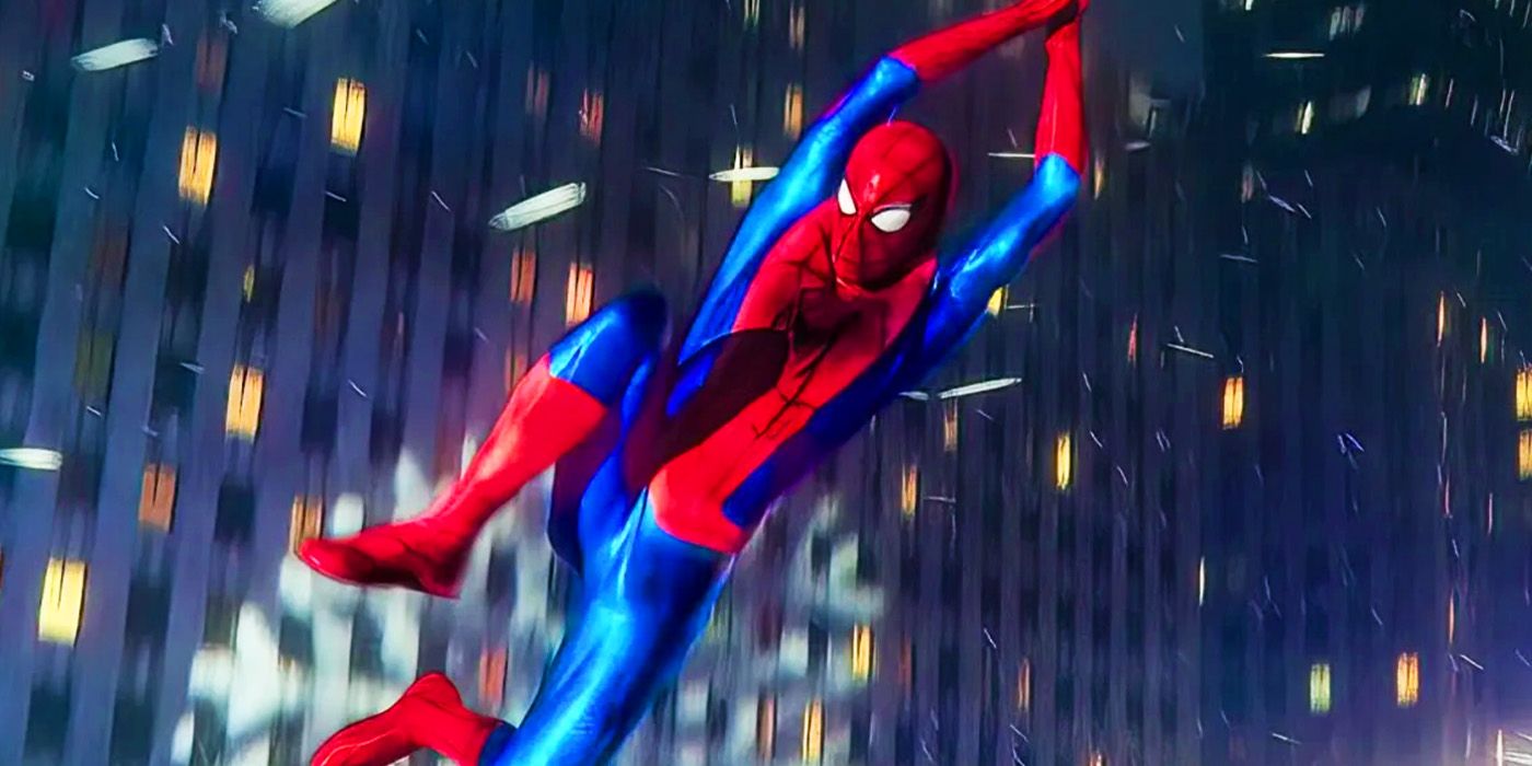 Spider-Man in new suit swinging through New York in Spider-Man No Way Home