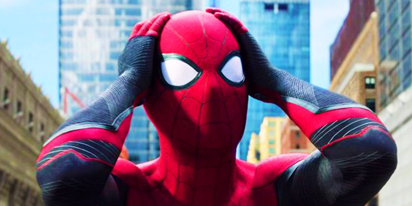 Spider-Man looking shocked at the end of Spider-Man Far From Home