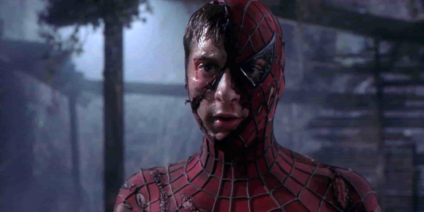 Tobey Maguire as Spider-Man in a destroyed suit in Spider-Man (2002)