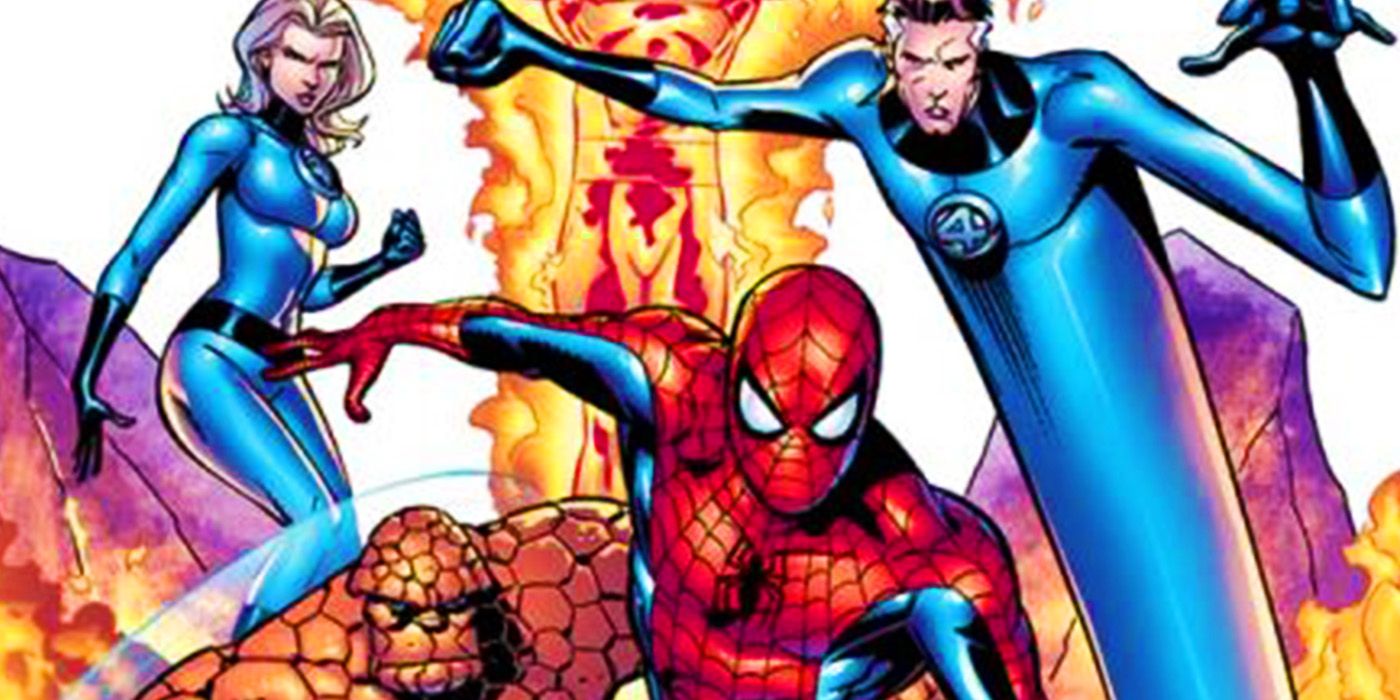 Homem-Aranha com o Quarteto Fantástico na capa da Marvel Comics