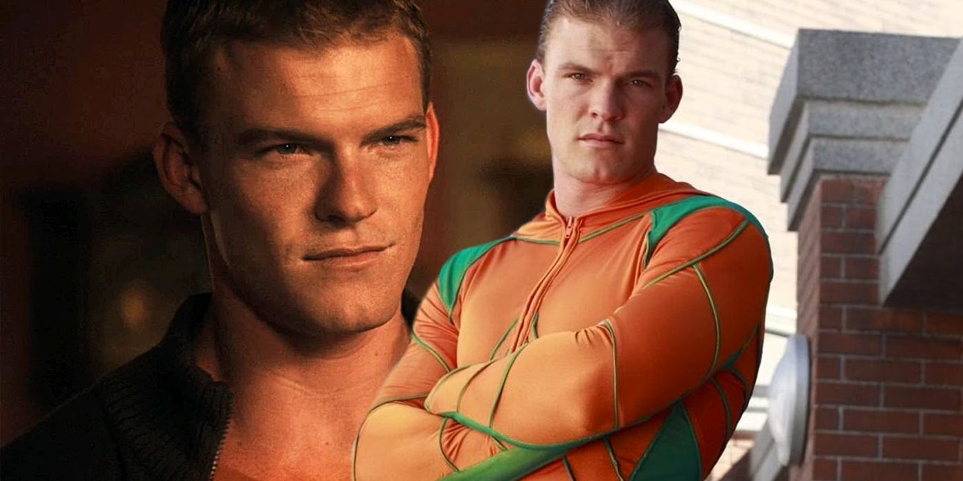 Split image of Alan Ritchson as Aquaman in Smallville in his suit and out of it