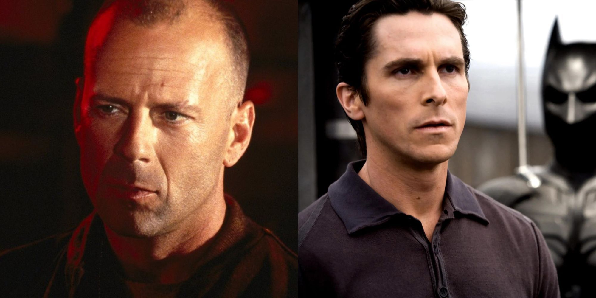 Imagem dividida de Bruce Willis em Pulp Fiction e Christian Bale em O Cavaleiro das Trevas