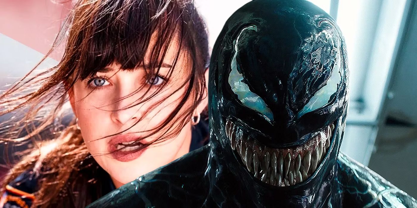 Split image of Dakota Johnson's Cassandra Web looking distressed and Tom Hardy's Venom smiling in Sony's Spider-Man Universe