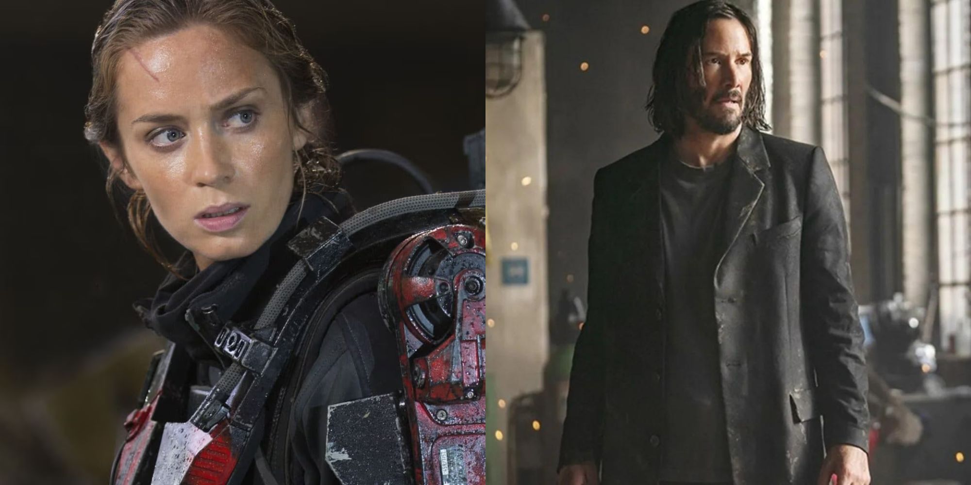 Imagem dividida de Emily Blunt em Edge of Tomorrow e Keanu Reeves em Matrix Resurrections